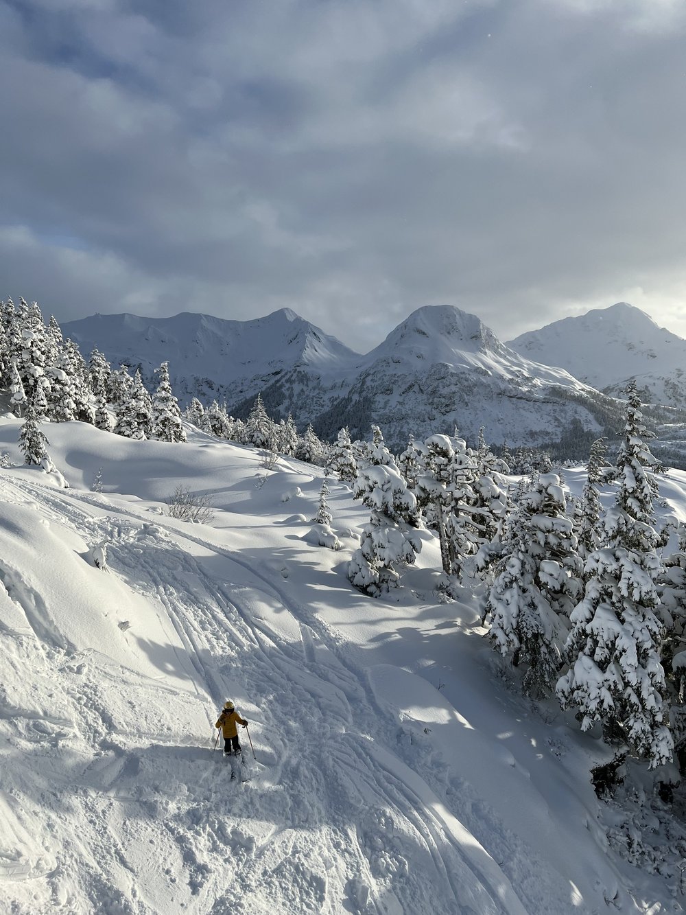 Mt Eyak Ski Area in USA - a person skiing down a snow covered mountain.