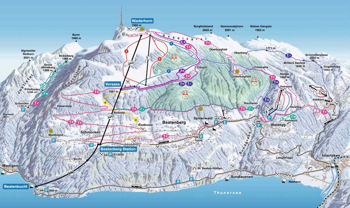 A Swiss ski resort in Beatenberg-Niederhorn featuring a chalet ski lift and snow-covered slopes amid the gorgeous backdrop of a mountain.