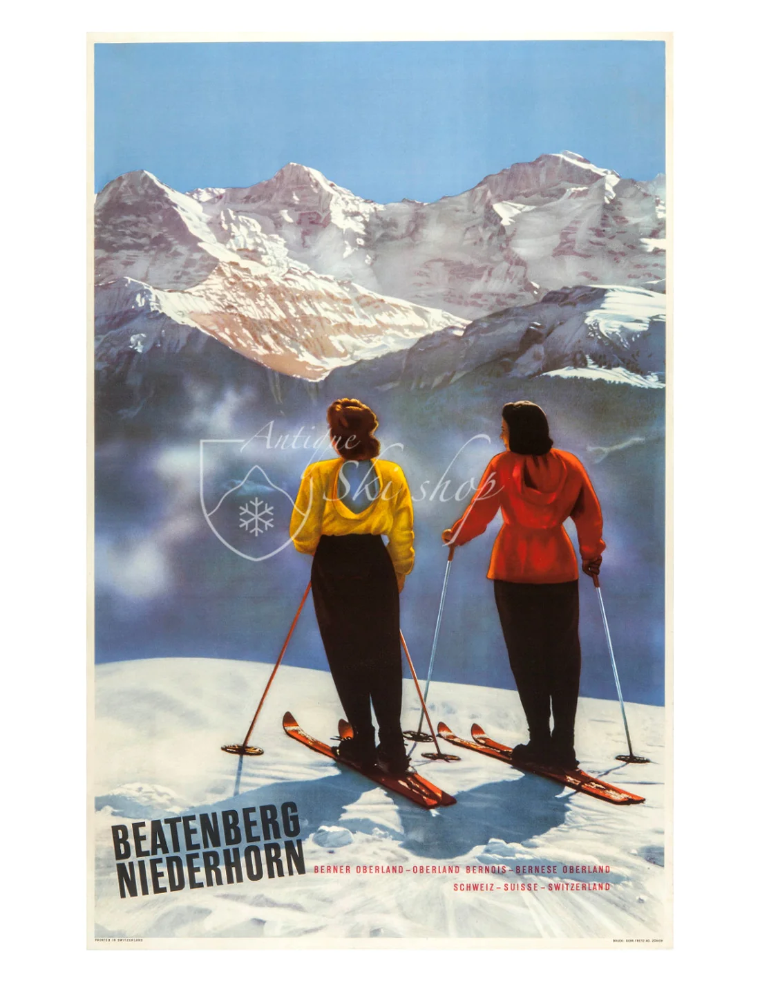 Beatenberg-Niederhorn in Switzerland - a poster of two people skiing in the mountains.
