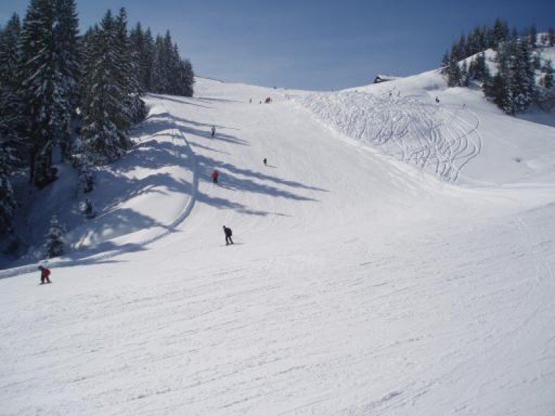 A skier navigates a snowy slope at Hochhäderich–Hittisau ski resort in Bregenzerwald Austria with a chalet and ski lift nearby encapsulating a vibrant winter sports scene.