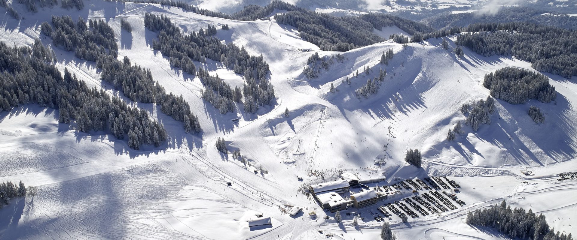 Hochhäderich – Hittisau in Austria: an aerial view of a ski resort in the swiss alps.