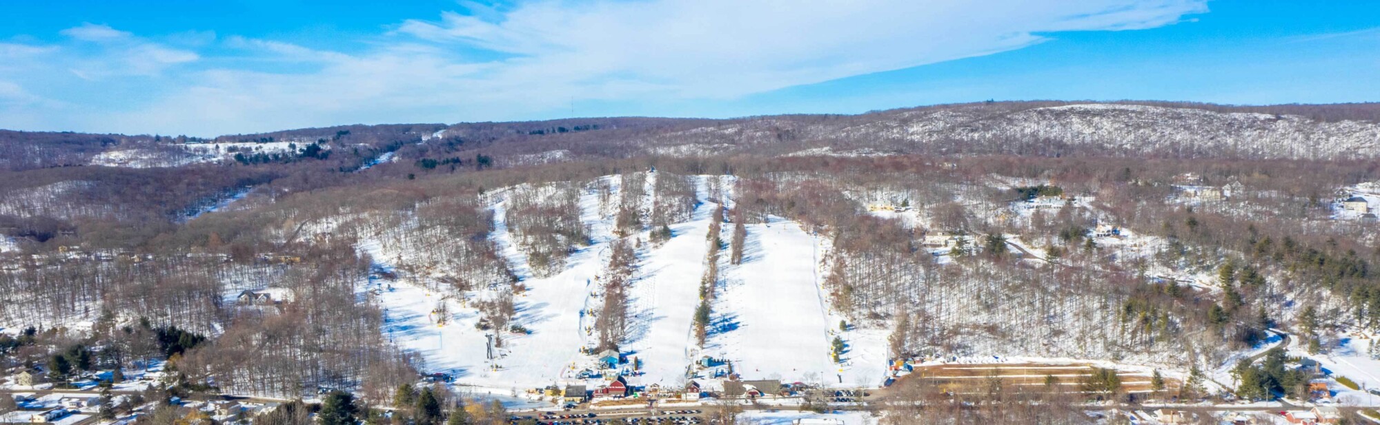 Mt Southington in USA: an aerial view of a ski resort in the mountains.