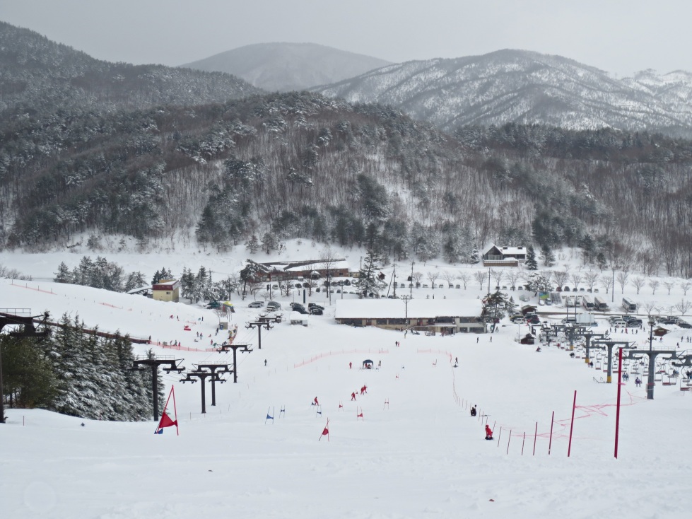 A snowy scene from Osa Japan showcasing a bustling winter sports scene with skiers enjoying the well-equipped ski resort amidst breathtaking winter scenery.