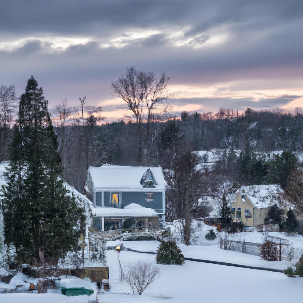 Sundown in USA - a view of a snow covered neighborhood at sunset.