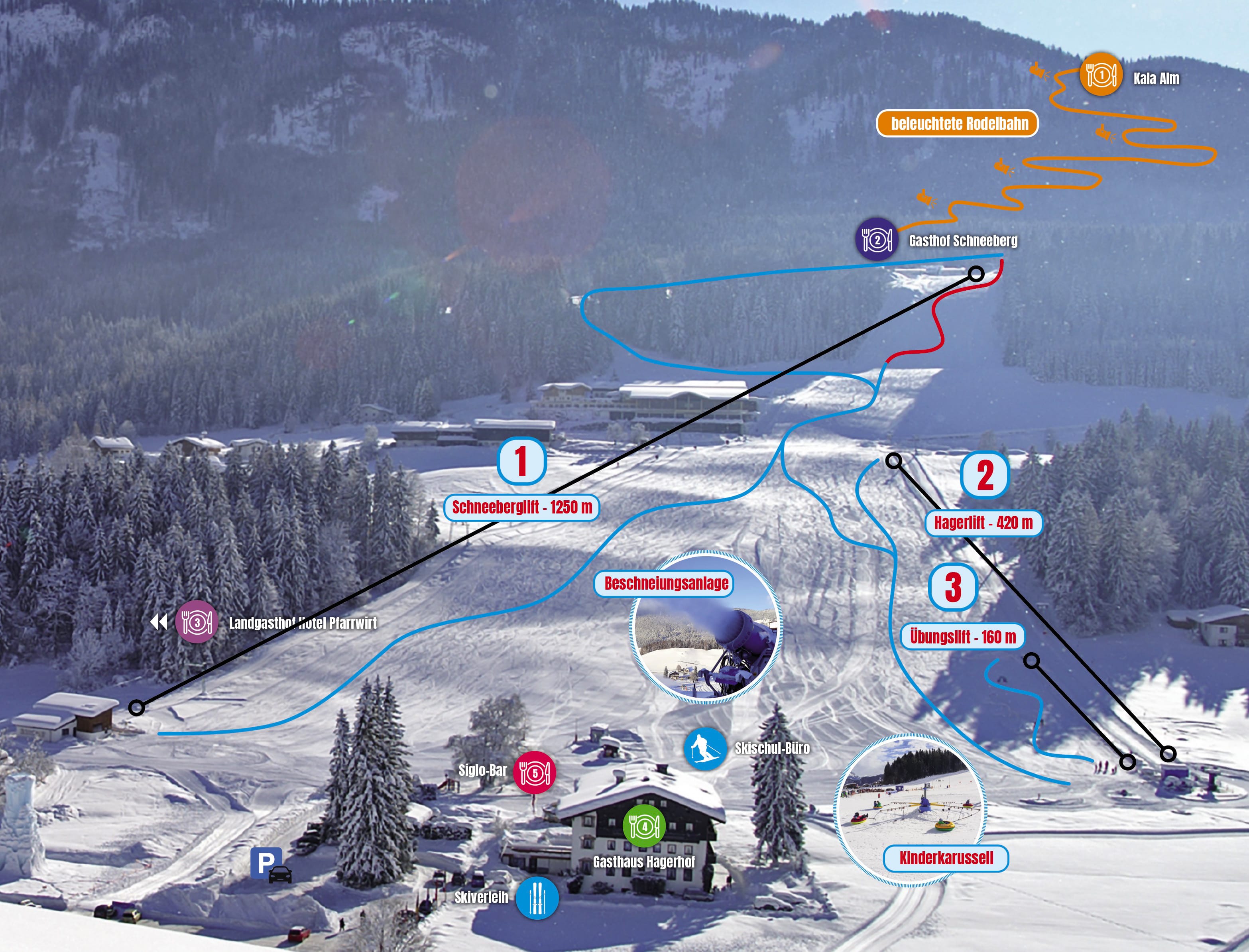 A picturesque ski resort at Schneeberglifte – Mitterland in Austria featuring a chalet and ski lift against a winter sports scene.