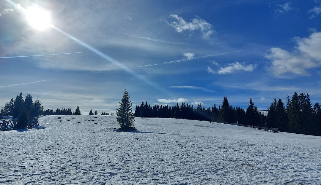 Winter scene at Weinebene in Austria with snow-covered slopes for winter sports, a charming chalet in the backdrop, and splendid winter scenery bathed in bright sunlight.