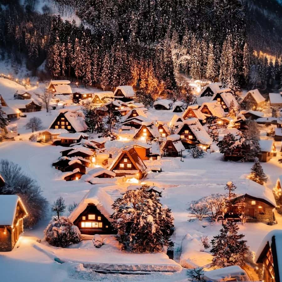 Hida Takayama in Japan - a small village in the mountains covered in snow.