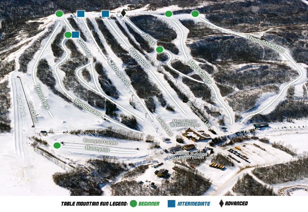 View of Table Mountain ski resort in Saskatchewan, Canada, featuring snow-covered slopes, ski lift, and winter sports enthusiasts enjoying the stunning winter scenery.