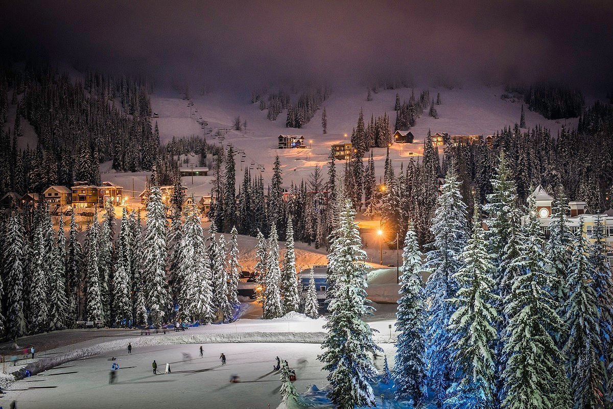 Silver Star in Canada: a ski resort lit up at night.