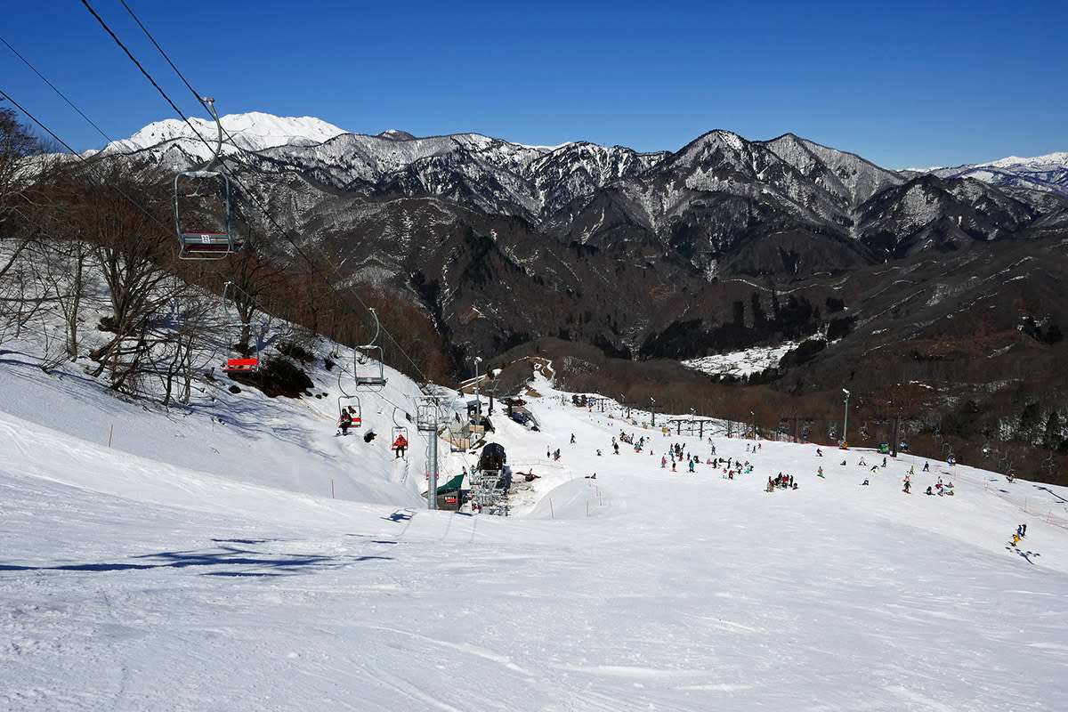 Winter sports enthusiasts enjoying at Okutone Snow Park in Japan featuring a ski resort, a cozy chalet, and stunning winter scenery.