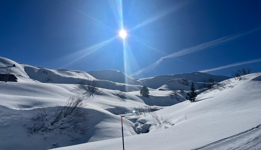 Winter sports scene set in breathtaking Fideriser Heuberge, Switzerland with a charming chalet amidst stunning winter scenery, all bathed in the glow of a sunny day.