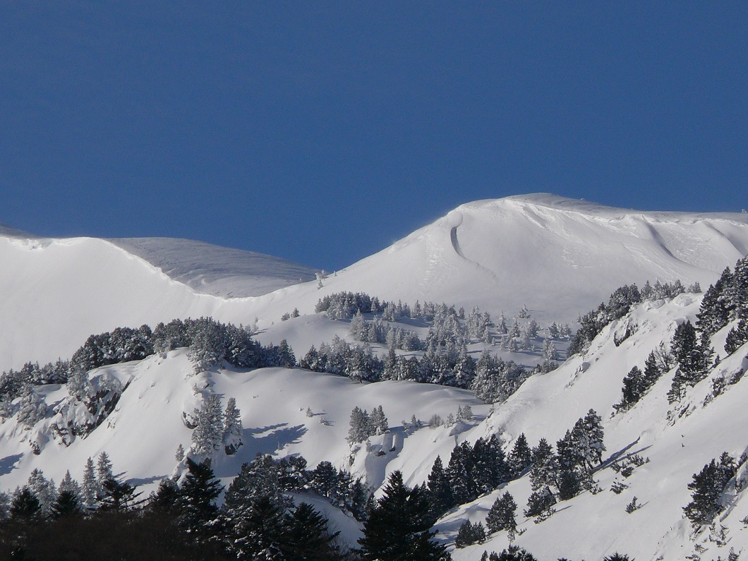 Mijanès-Donezan in France - a mountain covered in snow with trees in the fore.