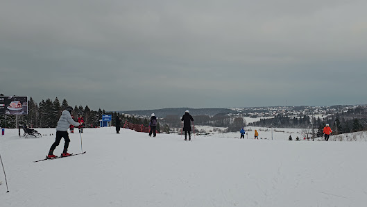 Winter sports enthusiasts enjoying their day at the Sorochany ski resort in Kurovo, Moscow, Russia, complete with a bustling sports center, a cozy chalet, and a functioning ski lift.