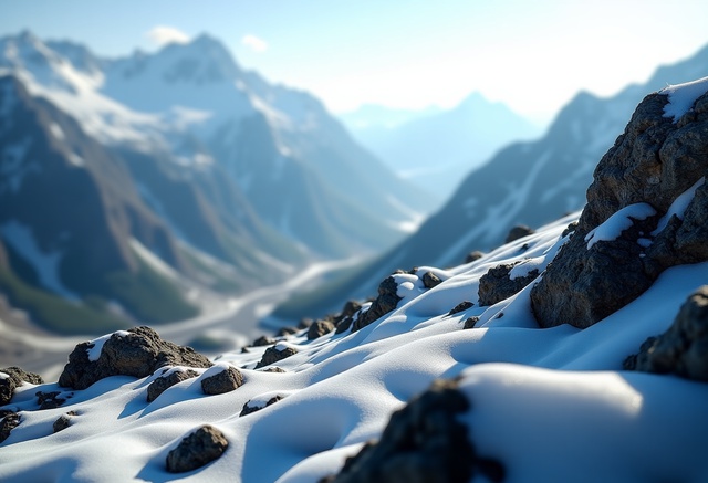View of the breathtaking mountain range in Entracque, Piedmont, Italy, heavily dusted with snow and showcasing a stunning winter scenery, hinting at possible winter sports activities.