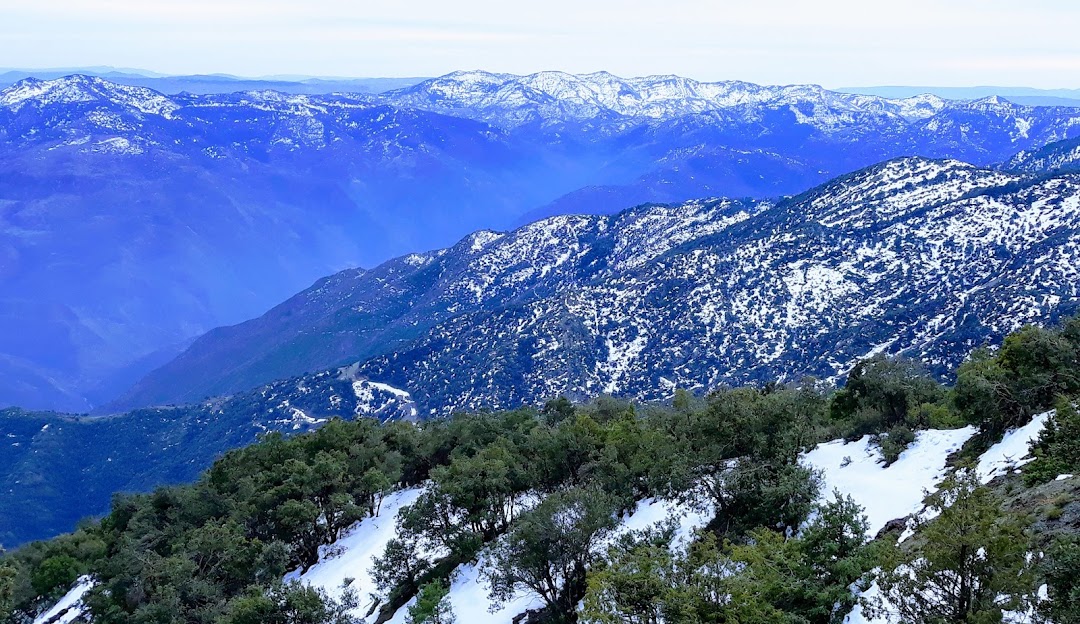 A charming chalet nestled among the pristine winter landscape in Chréa Blida Algeria. Crisp snow blankets the peaks of a nearby mountain creating a picturesque winter sports scene.