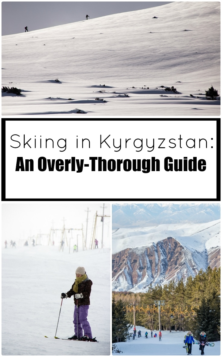Too Ashuu Ski base in Kyrgyzstan - a group of people skiing down a mountain.