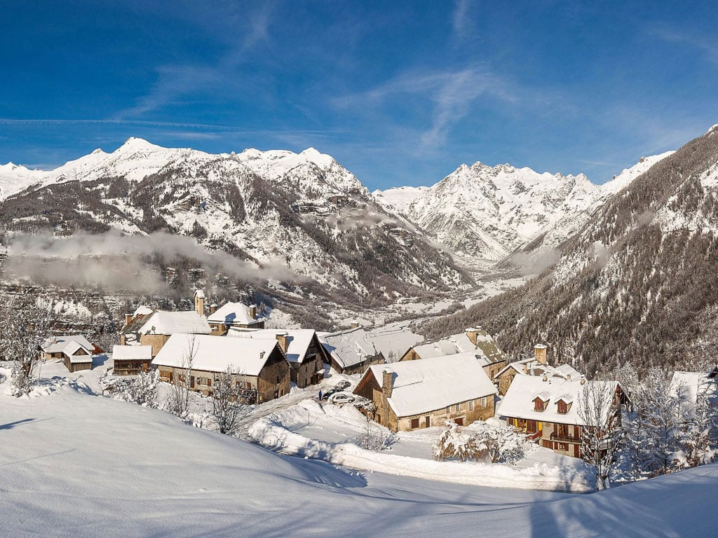 Laye in France - a view of a snowy village in the mountains.