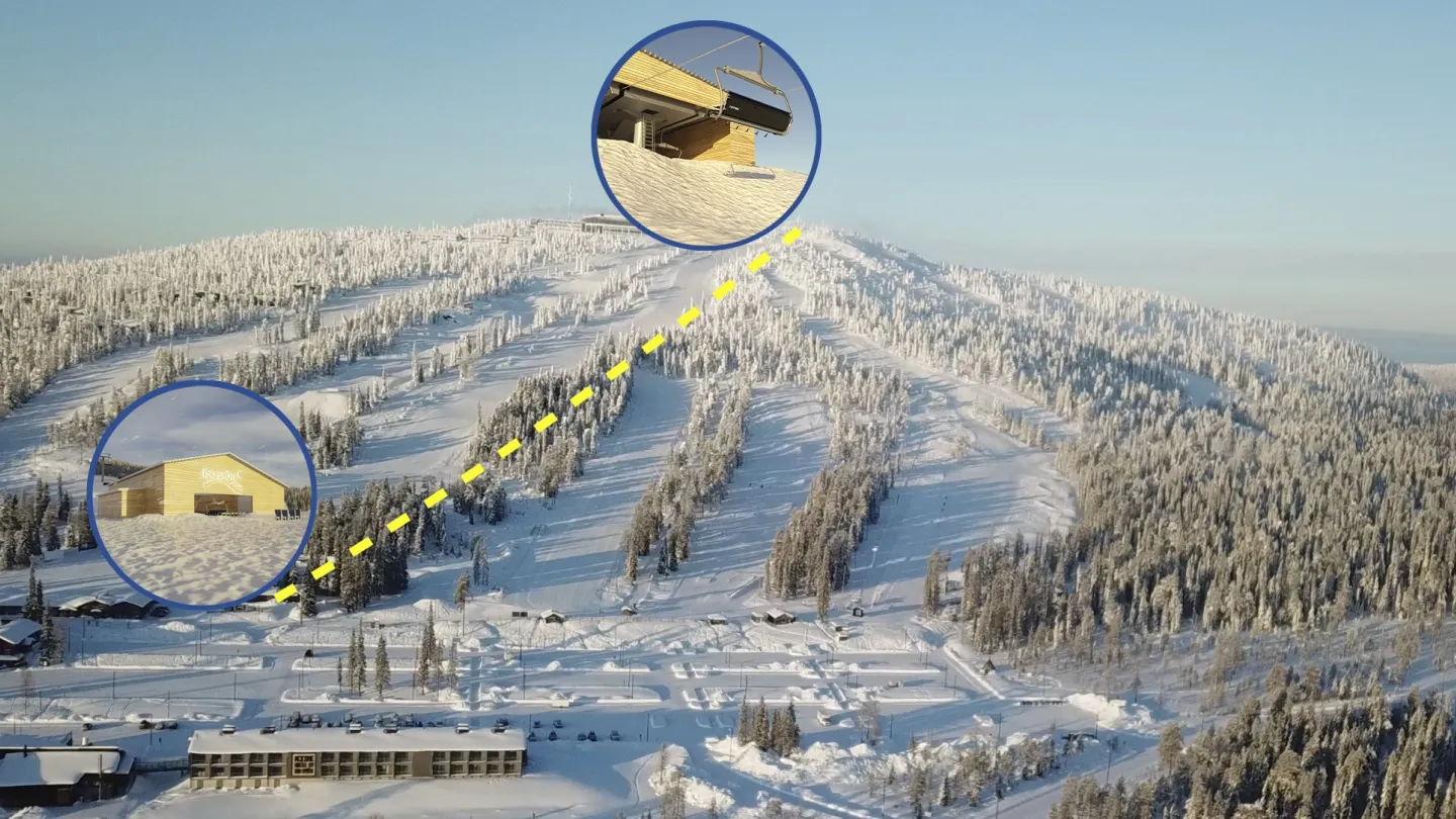Iso-Syöte in Finland: an aerial view of a ski resort in the mountains.