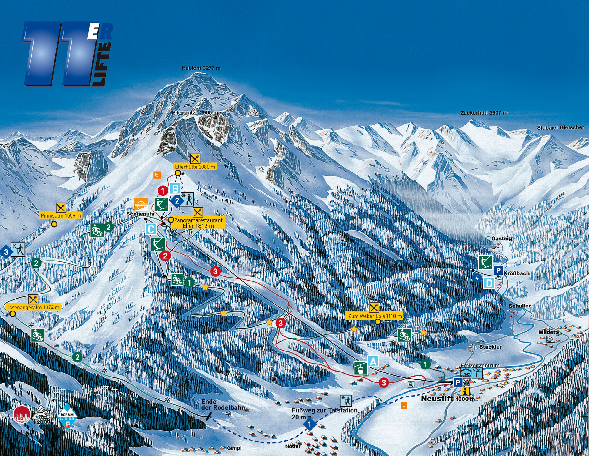 View of Elfer ski resort in Neustift Innsbruck Austria featuring a chalet skier and ski lift amidst vibrant winter sports scene.