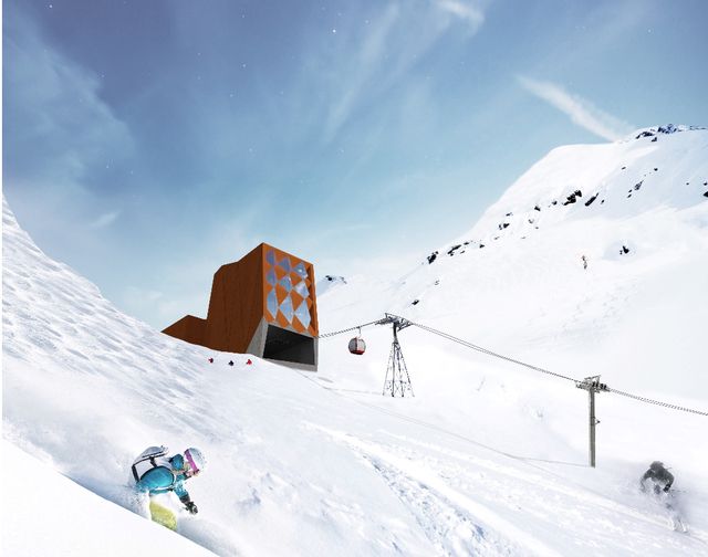 Ruine Super Saint-Bernard in Switzerland - a snowboarder riding down a snowy slope.