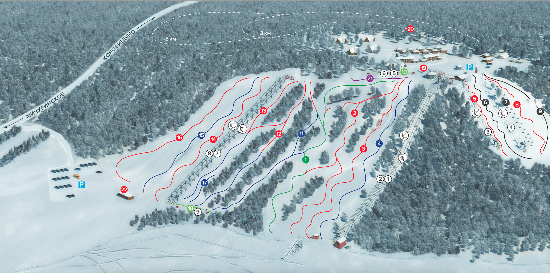 A bustling scene at Krasnoye Ozero ski resort in Northwest Russia, with skiers gliding down the snow-covered slopes and using the ski lift.