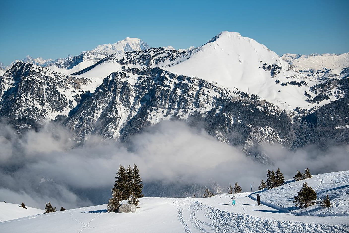 Aillon-le-Jeune in France - snow covered mountains in the distance.