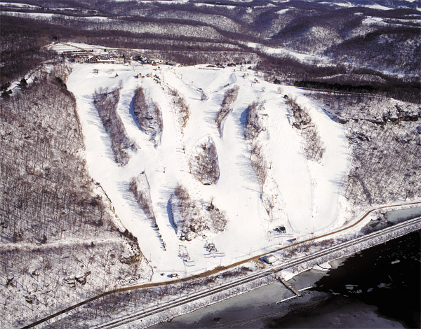 Chestnut Mountain in USA - an aerial view of a snow covered mountain.