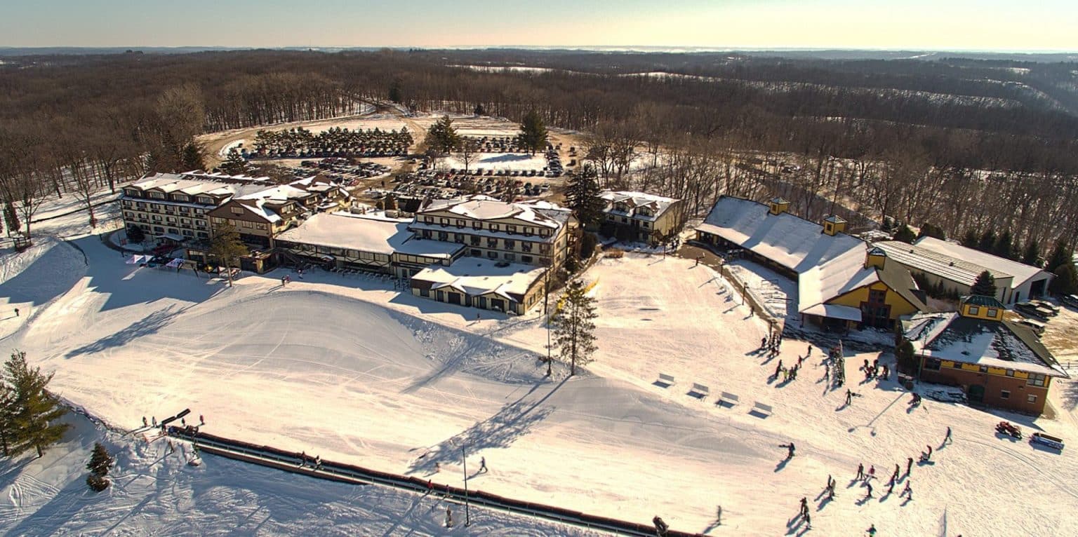 Chestnut Mountain in USA: an aerial view of a ski resort in the mountains.