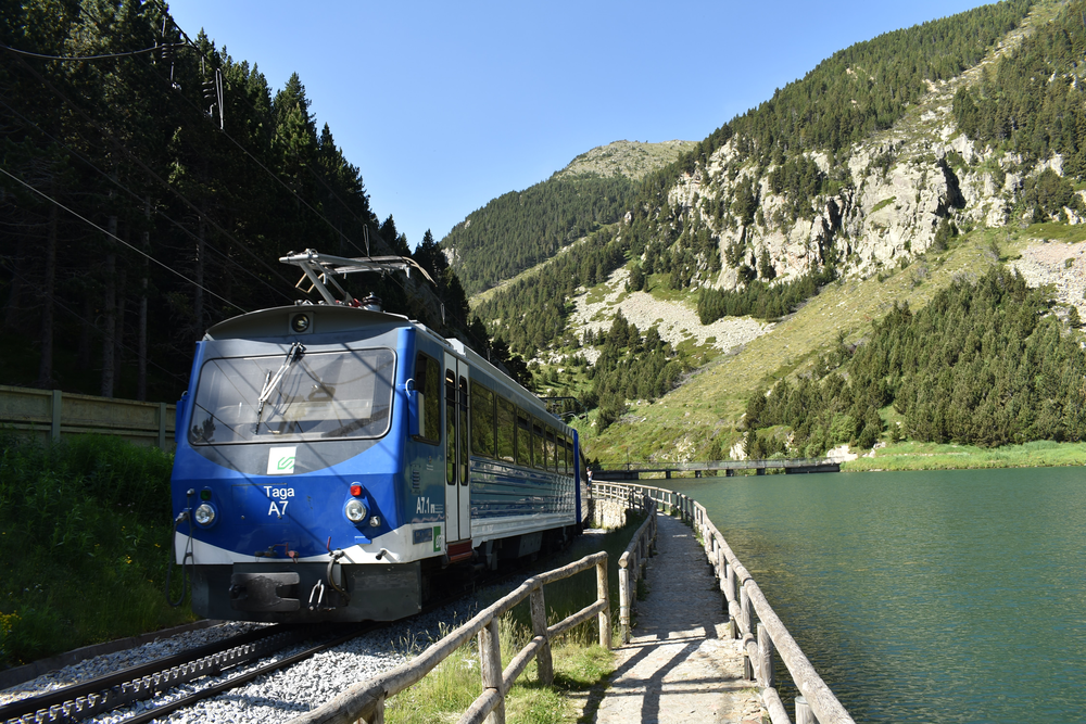 Vall de Núria in Spain - a blue and white train.