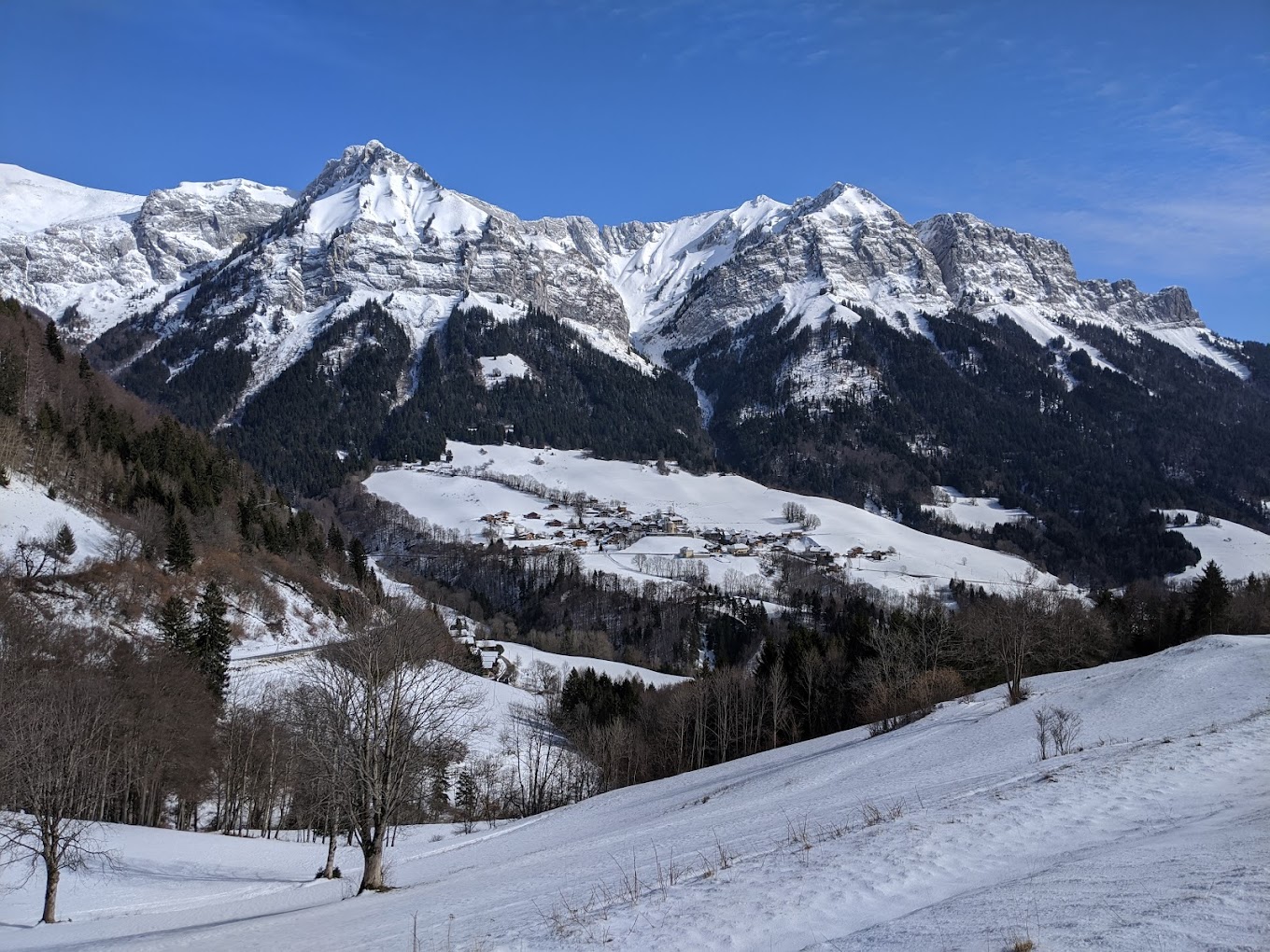 La Forclaz in Switzerland - a snow covered mountain with trees and mountains in the background.
