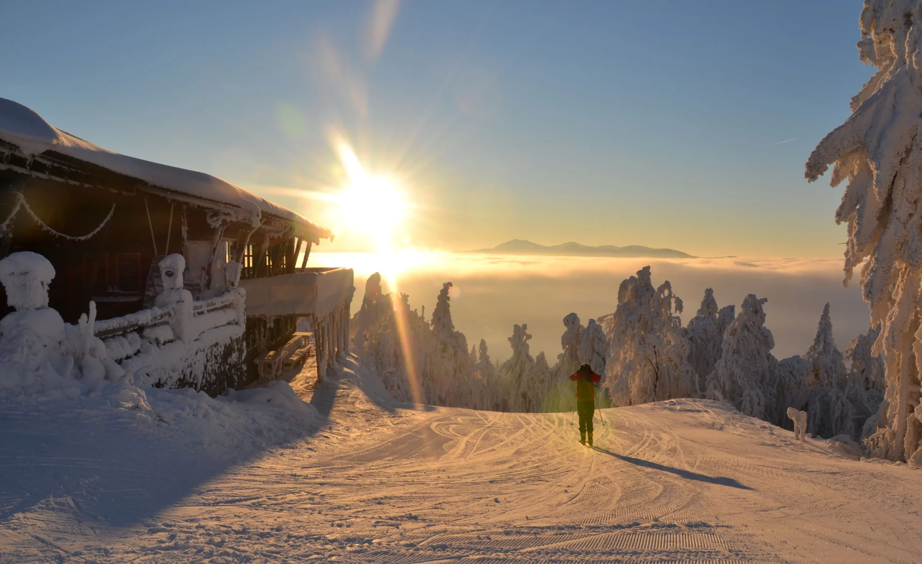 Hohenbogenbahn in Germany - a person walking down a snow covered mountain.