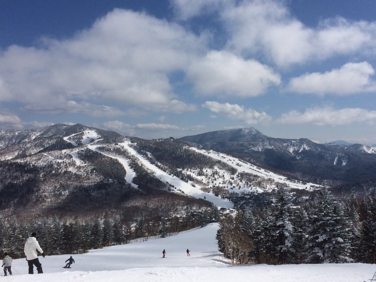 Giant Ski area in Japan - a group of people skiing down a snow covered mountain.
