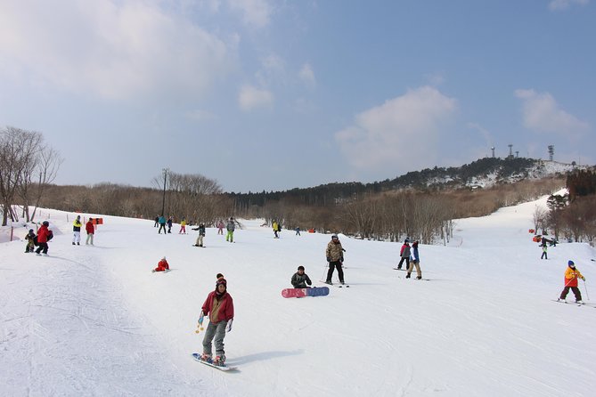 Mineyama Kogen in Japan - a group of people riding down a snow covered slope.