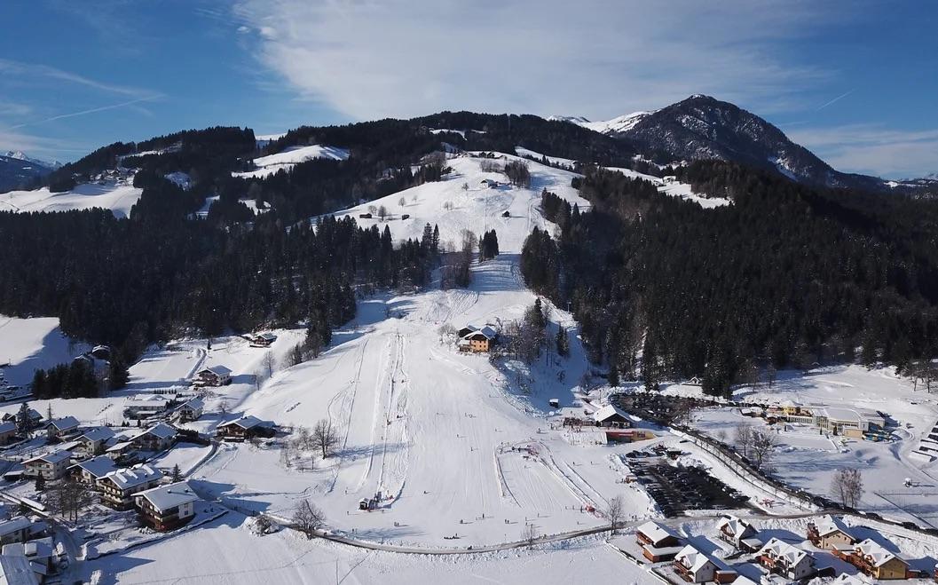 Kötschach-Mauthen in Austria: aerial view of the ski resort.