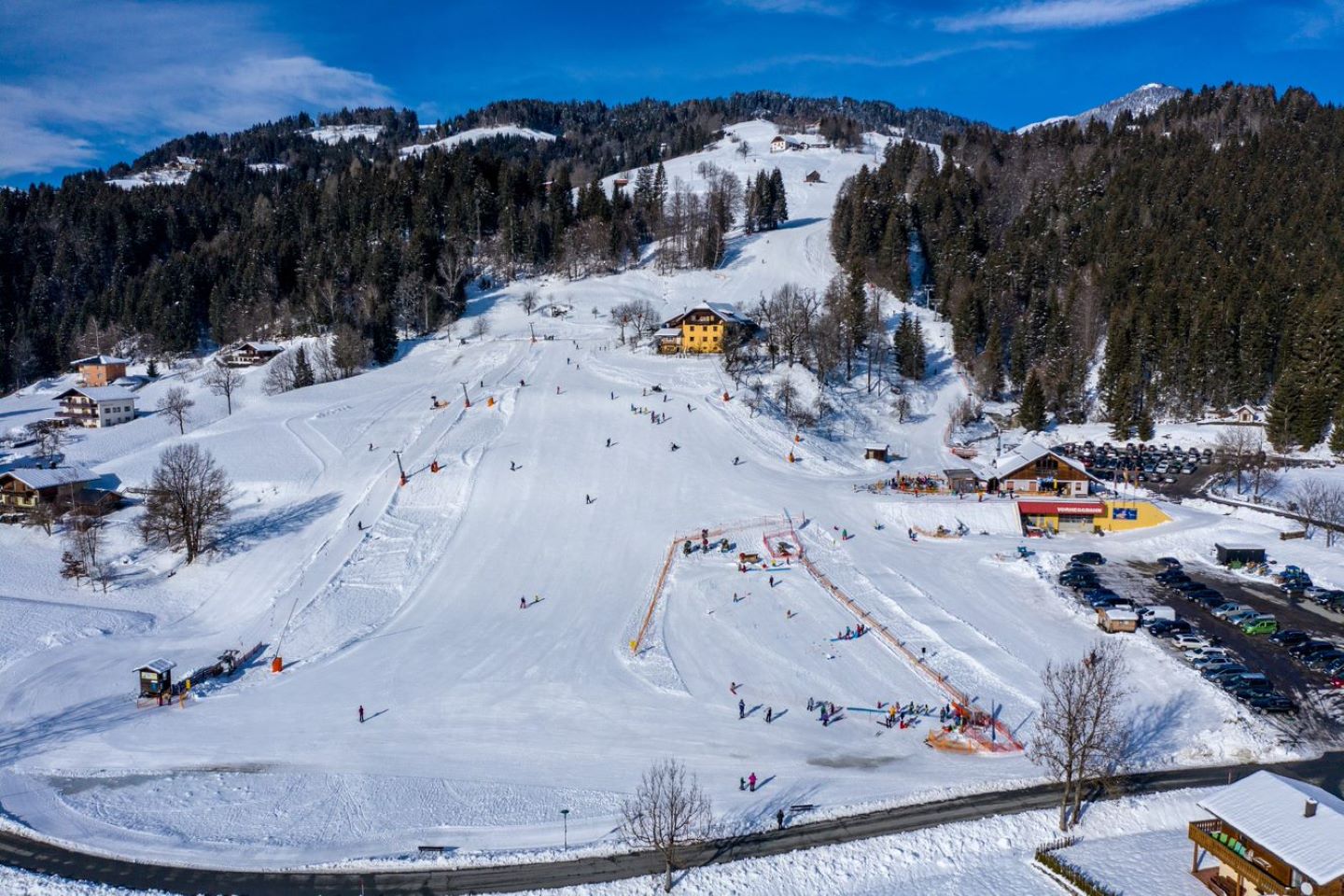 Kötschach-Mauthen in Austria: an aerial view of a ski resort in the swiss alps.