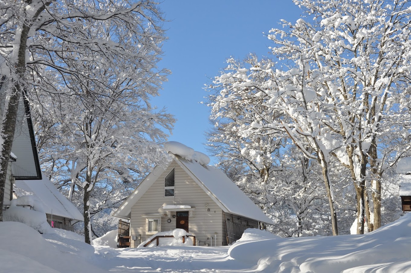 Asahi Shizen in Japan - a house covered in snow on a sunny day.