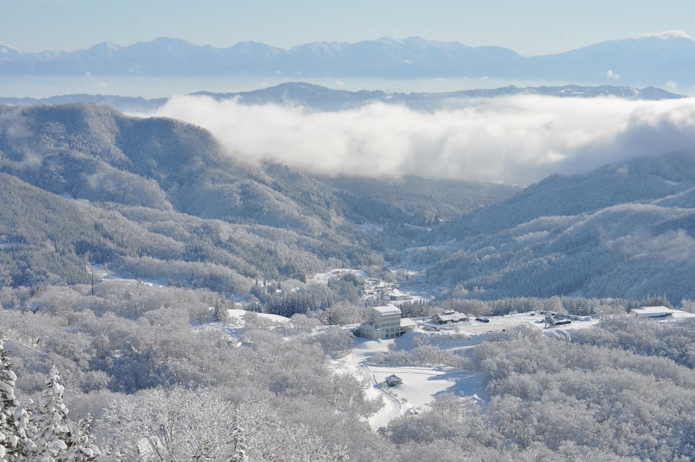 Asahi Shizen in Japan - the view from the top of the mountain in winter.