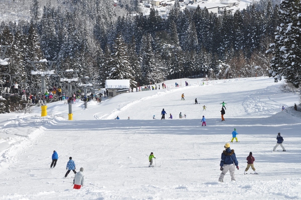 Asahi Shizen in Japan - a group of people skiing down a hill.