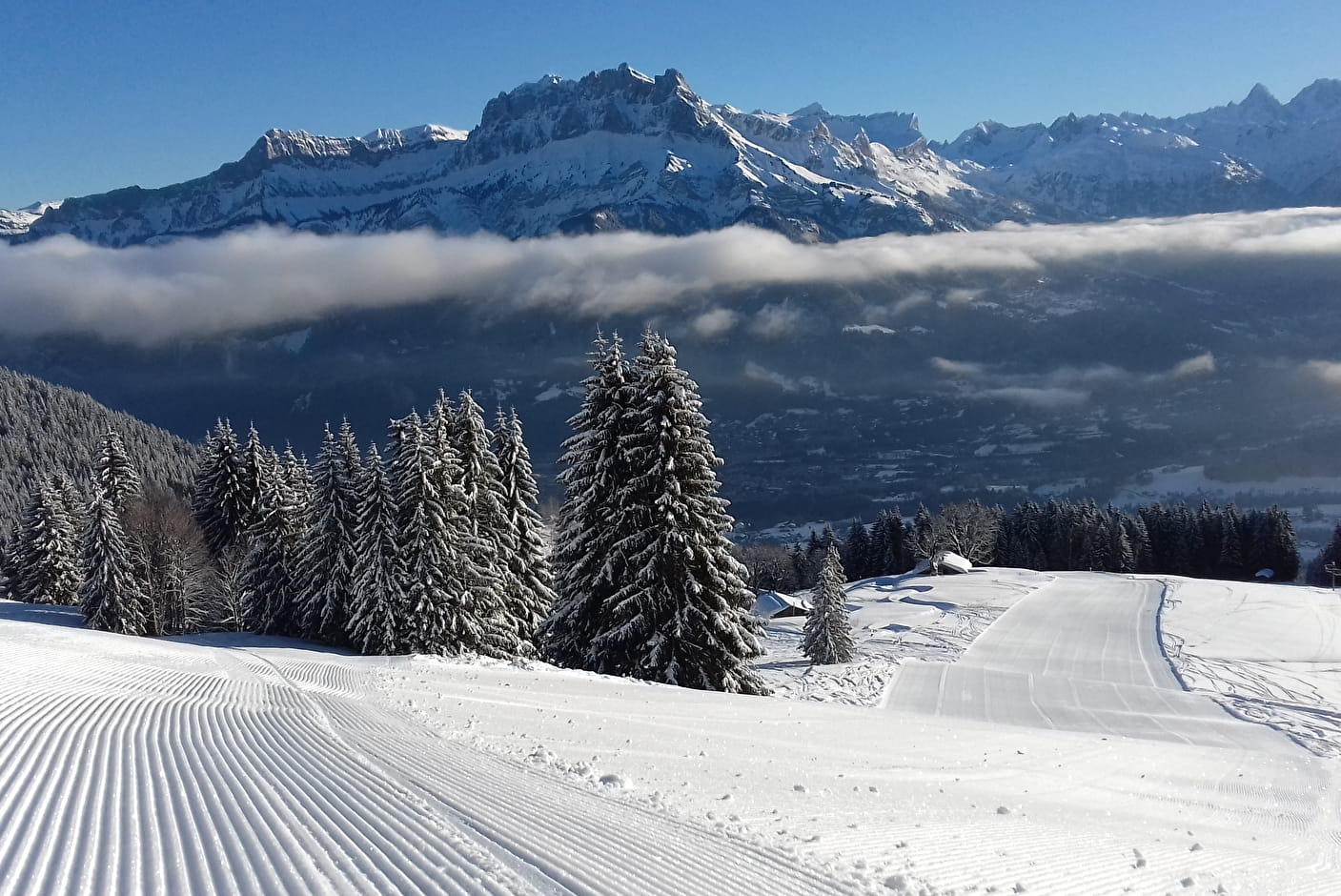 Cordon in France - a snow covered ski slope with trees in the fore.
