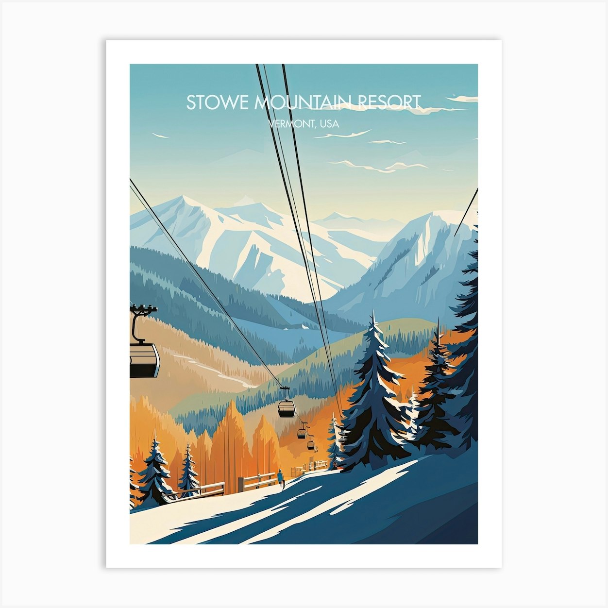 Stowe in USA: a poster of a ski resort in the mountains.
