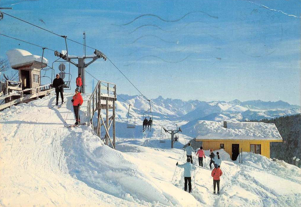 Col de l'Arzelier in France - a painting of people on a ski slope.
