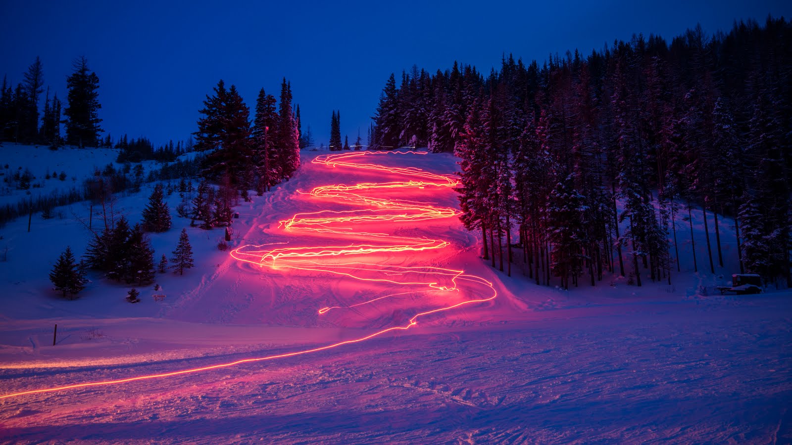 Mission Ridge in Canada - a long exposure of light trails in the snow.