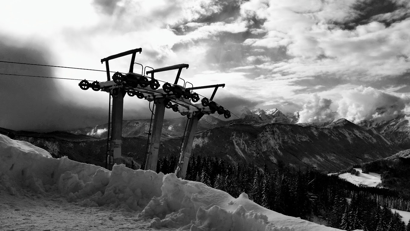 Španov vrh in Slovenia - a black and white photo of a ski lift.