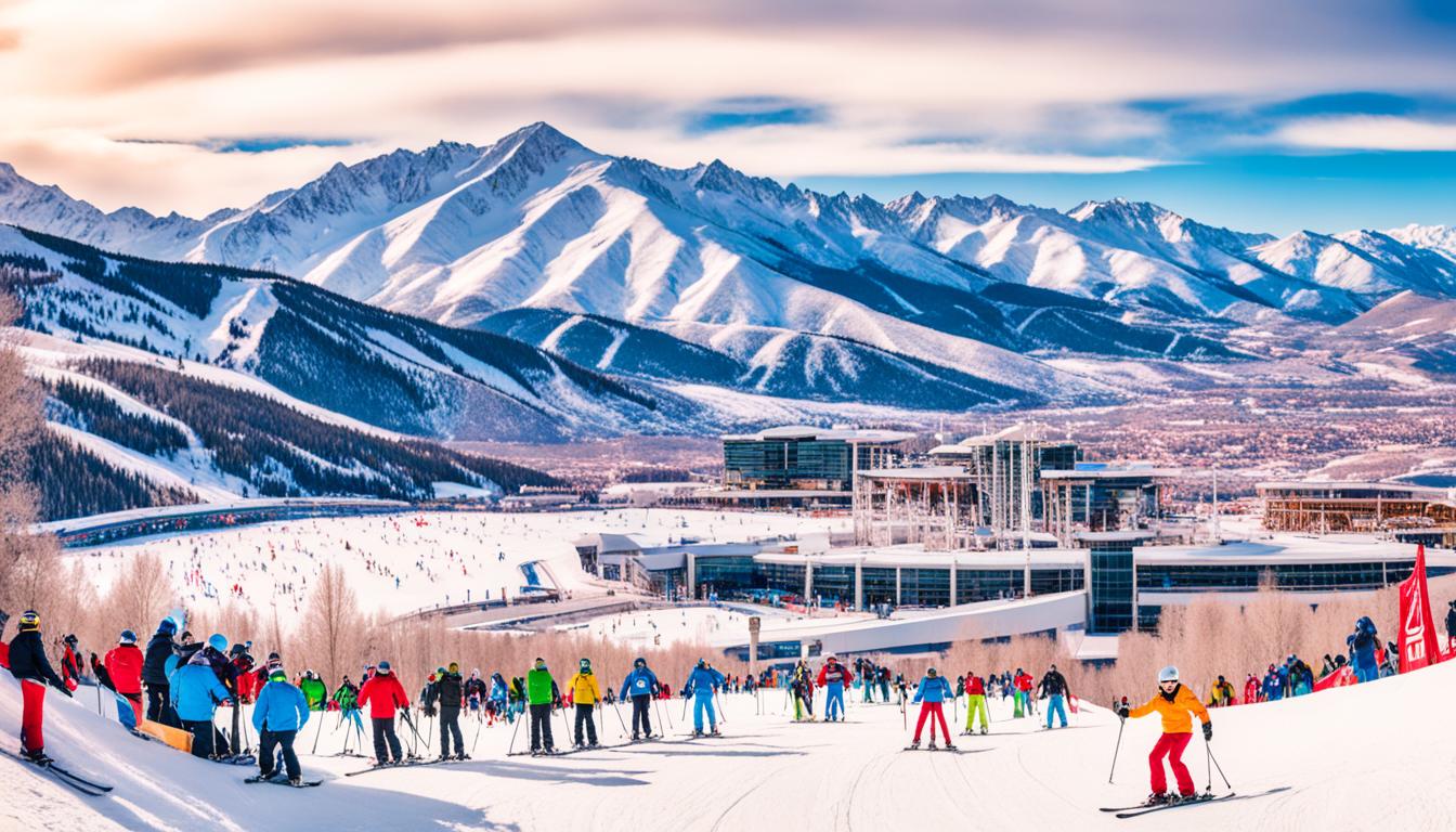 Utah Olympic Park in USA - a group of people skiing down a mountain.