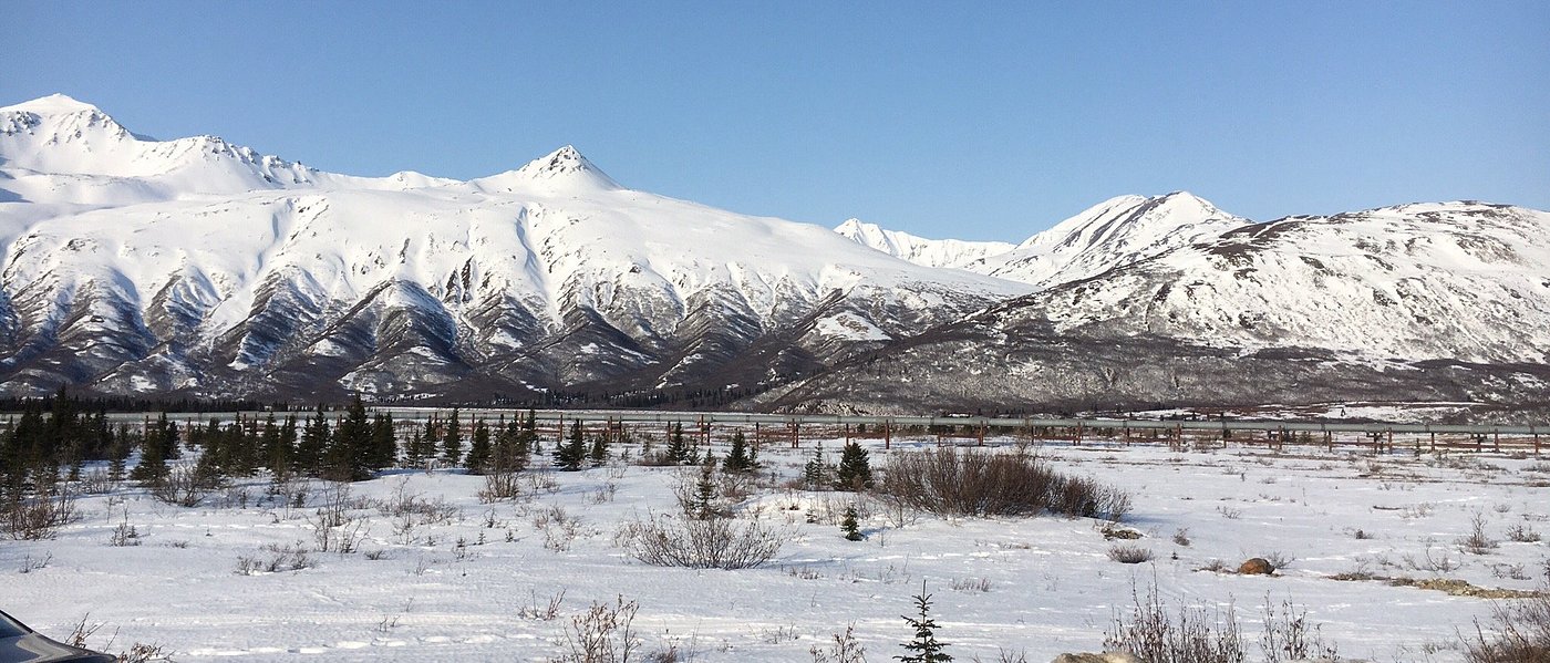 Stunning Alaskan winter scene at Black Rapid featuring a breathtaking snow-covered mountain backdrop. Winter sports enthusiasts enjoy the crisp outdoor conditions at a ski resort.