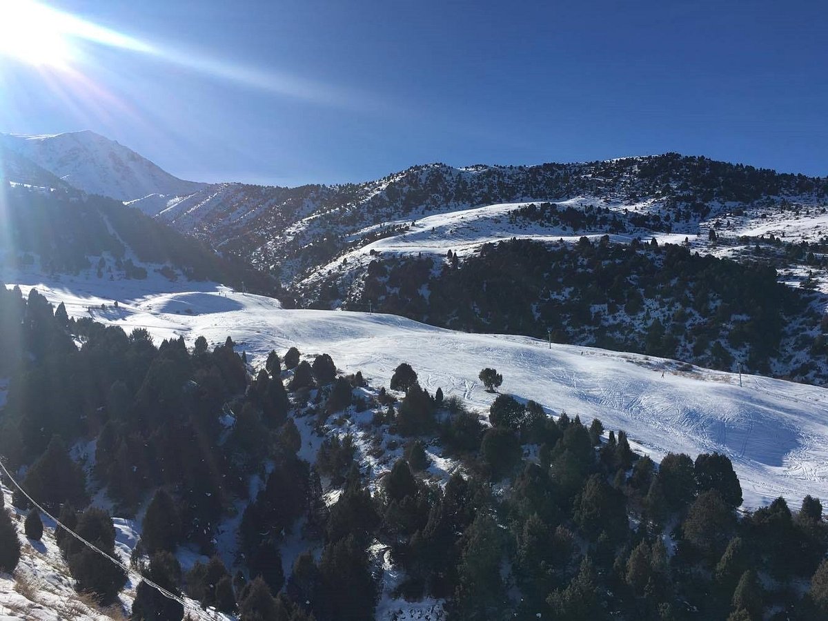 Kashka Suu in Kyrgyzstan - a snow covered mountain with trees in the fore.