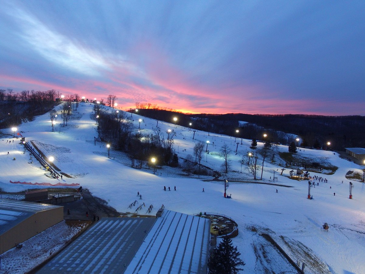 Hidden Valley - MO in USA - a snow covered ski slope at dusk.