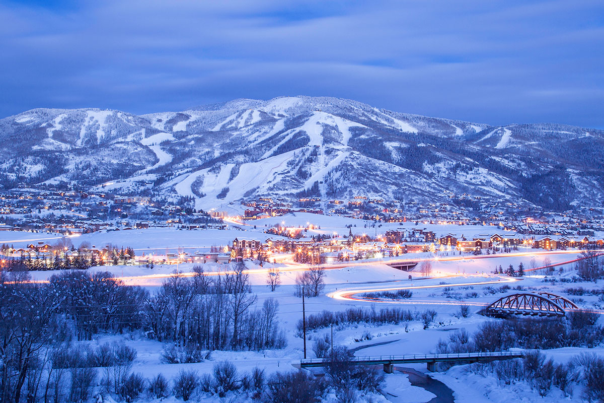 Steamboat in USA - a view of a town with mountains in the background.