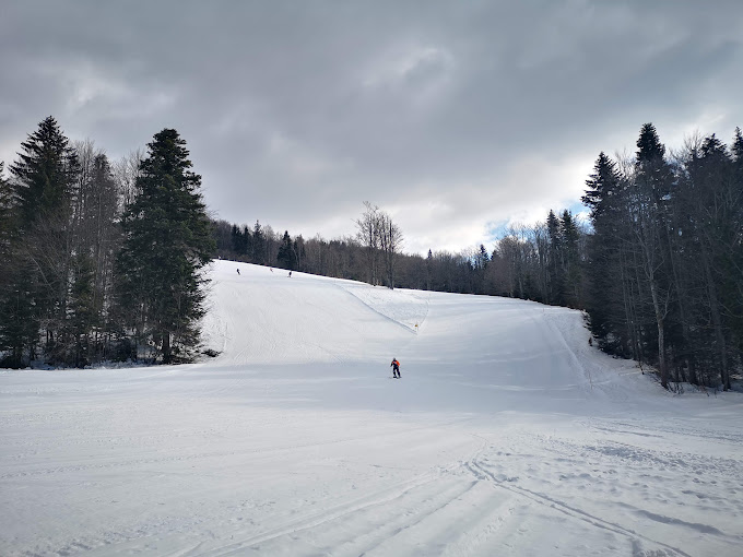 Gače in Slovenia - a person skiing down a snow covered hill.