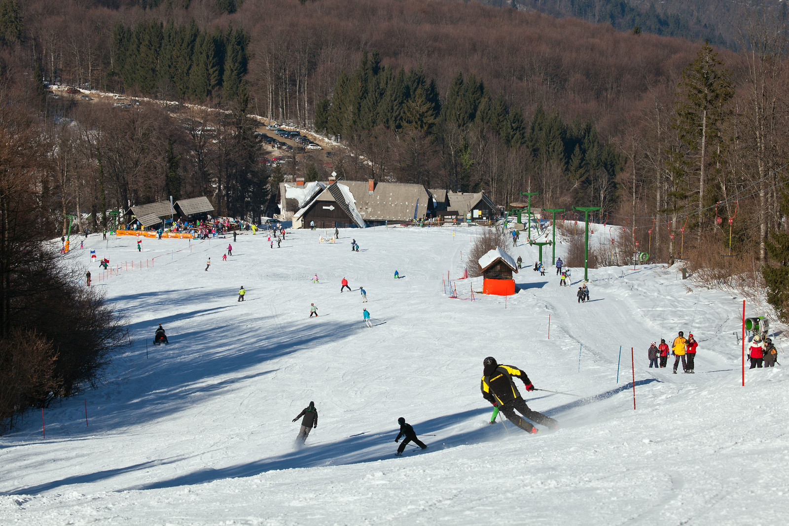 Gače in Slovenia - a group of people skiing down a snowy hill.